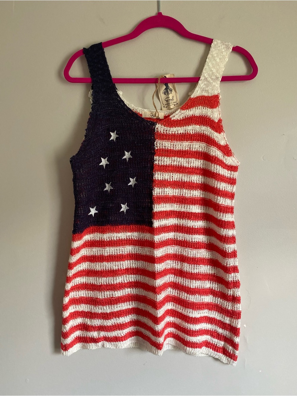 Easel Tank Top M/L Crochet Open Knit Boho Festival Patriotic Flag Concert NWT